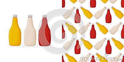 Plastic bottles sauce of tomato ketchup, mayonnaise and mustard in seamless pattern. Vector Illustration