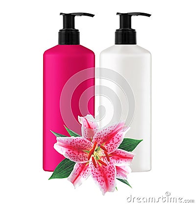 Plastic bottles shampoo and pink lilly isolated on white Stock Photo