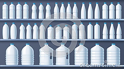 Plastic bottles on shelves. Bottled distilled water shelf, liquid drinks and pure mineral water store vector Vector Illustration