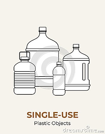 Plastic bottles. Vector illustration of single-use recycling plastic big bottles. Isolated transparent bottle. Flat logo for Vector Illustration