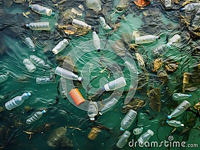 Plastic bottles and waste washed up on a beach. Micro plastic sea pollution Stock Photo