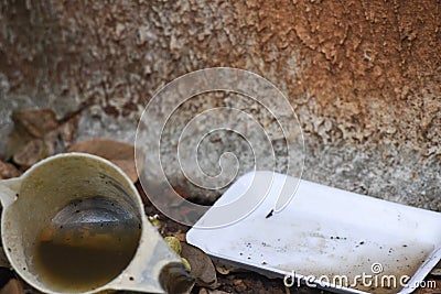 Plastic bowl abandoned in a vase with stagnant water inside. close up view. mosquitoes in potential breeding ground.proliferation Stock Photo