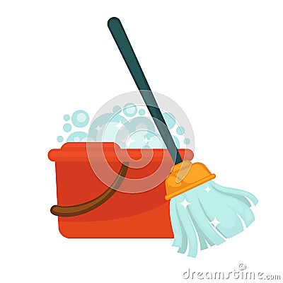 Plastic bucket with handle full of soap and modern mop Vector Illustration