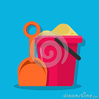 Plastic bucket and shovel. Children set for playing with sand. Inventory for children play in the sandbox or on the Vector Illustration