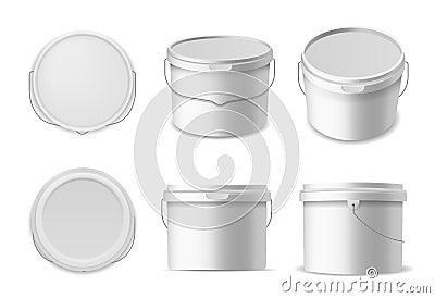 Plastic buckets. Construction liquids containers template, white bucket for products container mockup closed box in Vector Illustration