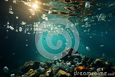 Plastic burdened ocean symbolizes ecological fragility and harm from pollution Stock Photo