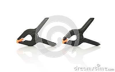 Plastic clamps on a white background Stock Photo