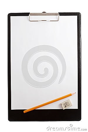 Plastic Clipboard with metal clip. Blank paper Stock Photo