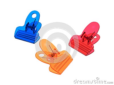 Plastic clips on a white background Stock Photo