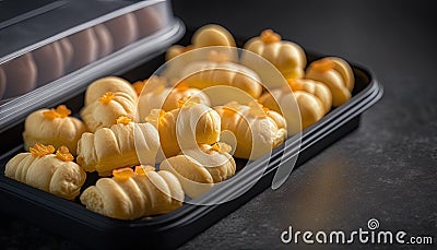 a plastic container filled with peeled oranges on a table Stock Photo