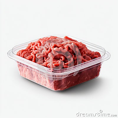 Plastic Container with Fresh Ground Beef, Isolated on White Background. Generative ai Cartoon Illustration