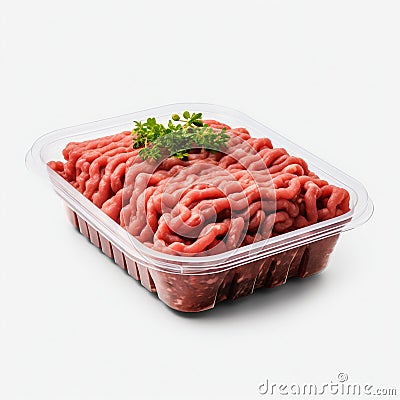 Plastic Container with Fresh Ground Beef, Isolated on White Background. Generative ai Cartoon Illustration