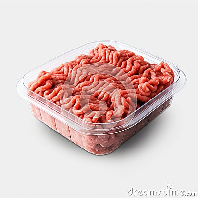 Plastic Container with Fresh Ground Beef, Isolated on White Background. Generative ai Cartoon Illustration