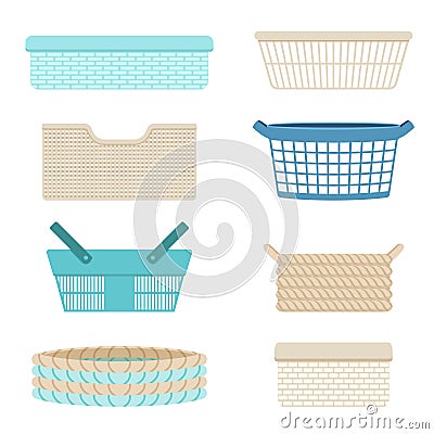 Plastic containers, empty baskets for storing laundry and various things. Vector illustration Vector Illustration