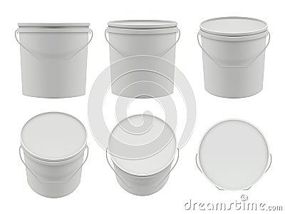 Plastic containers. Empty white buckets mockup vector packages collection Vector Illustration