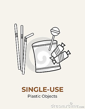 Plastic crisps pouch, candy wrap, straw. Single-use vector illustration of recycling plastic. Isolated wrap pack pouch. Flat logo Vector Illustration