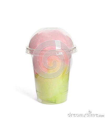 Plastic cup with tasty cotton on white background Stock Photo