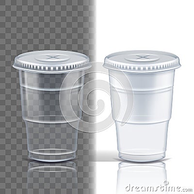 Plastic Cup Transparent Vector. Cafe Cutlery. Drink Mug. Disposable Tableware Clear Empty Container. Cold Or Hot Vector Illustration