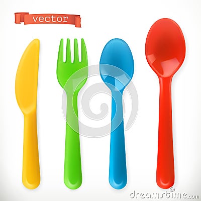 Plastic cutlery. Kids food. 3d vector icon set Vector Illustration