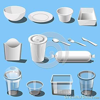 Plastic dishware disposable tableware vector icons Vector Illustration