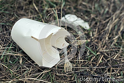 Plastic disposable cup on grass in the park. Ecological disaster and environmental pollution. Garbage on the grass. Harm to nature Stock Photo
