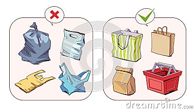 Plastic or eco bag. Various shopping bags. Right and wrong choices for shopping bags Vector Illustration