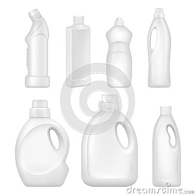 Plastic empty bottles. Sanitary containers with chemical liquids for cleaning services Vector Illustration