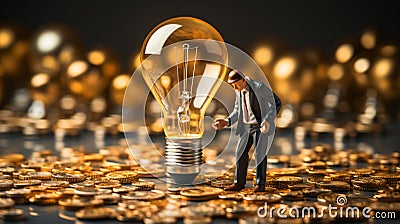 A plastic figure in a suit stands on shiny coins next to a light bulb Stock Photo