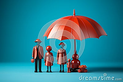 Plastic figures in the form of a family protected by a red umbrella. Insurance concept Stock Photo