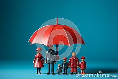 Plastic figures in the form of a family protected by a red umbrella. Insurance concept Stock Photo