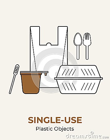 Plastic food container, bag, cup, spoon, fork, stirrer. Single-use white plastic cutlery vector illustration set. Food plastic Vector Illustration