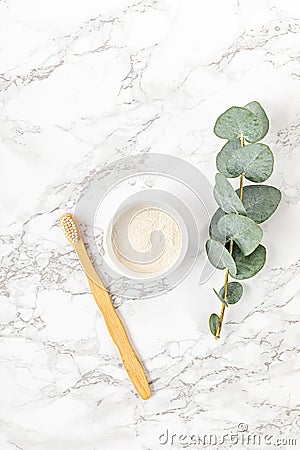 Plastic free bamboo tooth brush and natural tooth powder. Sustainable, eco friendly, zero waste personal hygeinie concept. Top Stock Photo