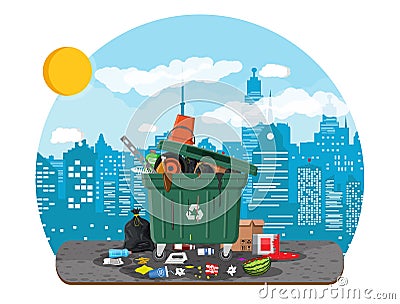 Garbage bin full of trash. Overflowing container Vector Illustration