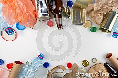 Plastic, glass, metal and paper garbage for recycling concept reuse and recycle. Copy space Stock Photo