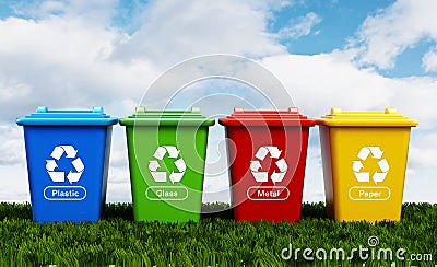 Plastic, glass, metal and paper recycle bins Stock Photo