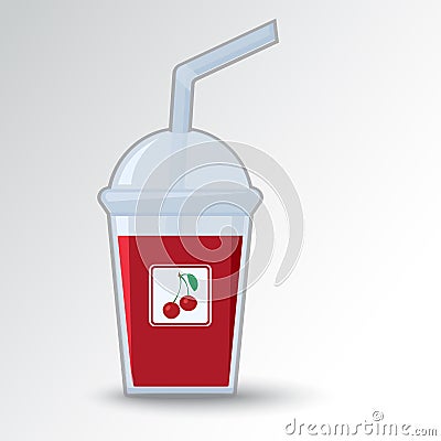 Plastic glass with straw and shadow. Red cherry juice. Vector Cartoon Illustration