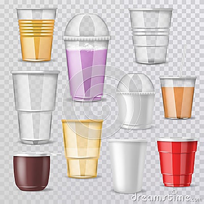 Plastic glass vector empty plastic-cup or blank coffee-cup mockup disposable drinks container for branding illustration Vector Illustration