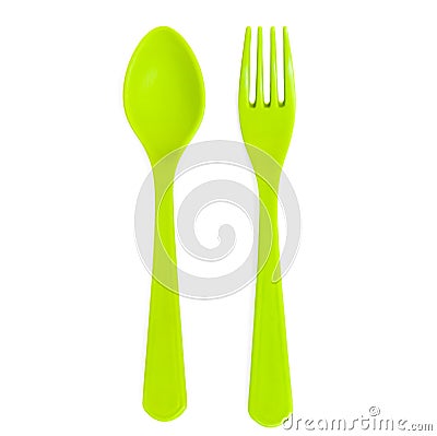 Plastic green spoon and fork isolated Stock Photo