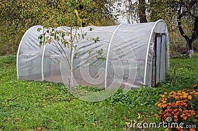 Plastic greenhouse hothouse in autumn farm garden Stock Photo