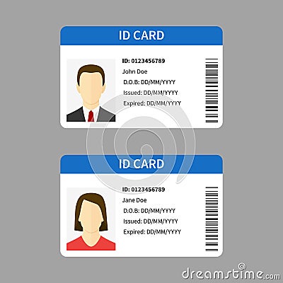 Plastic id cards. Personal registration form card, car driver license with male and female photo, document template Vector Illustration