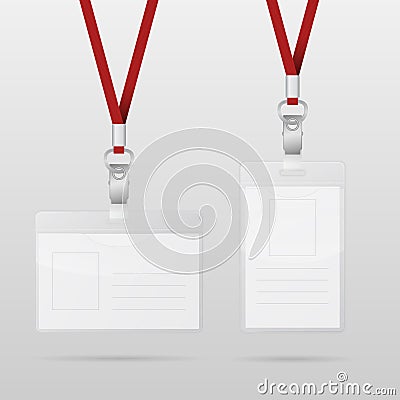 Plastic ID Horizontal And Vertical Badges With Red Lanyards Vector Illustration