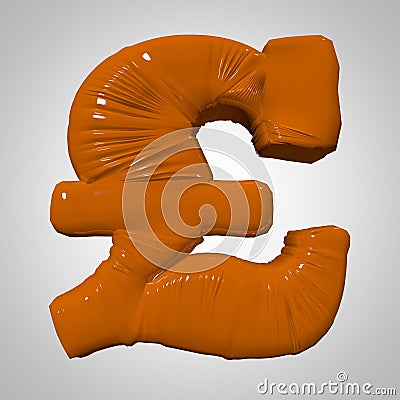 Plastic inflated deformed glossy volumetric 3d render isolated orange pound sign on white gray square background. Pound Stock Photo