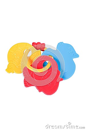 Plastic kids toys with animals character blue duck, red elephant, yellow turtle isolated on white background Stock Photo