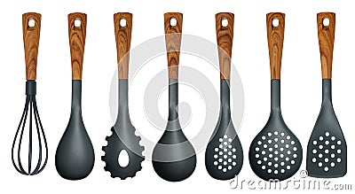 Set of plastic kitchen utensils isolated on a white background Stock Photo