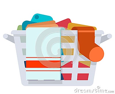 Plastic laundry basket washing dirty clothes wash service cartoon flat design isolated on white icon vector illustration Vector Illustration