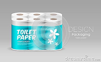 Plastic long roll toilet paper one package six roll, blue template and flower graphic Vector Illustration