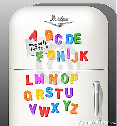 Plastic magnetic alphabet letters displayed on vintage refrigerator Vector Illustration