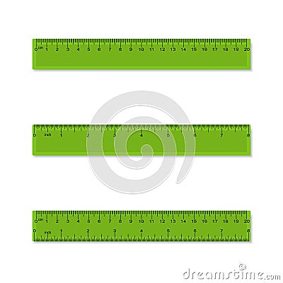 Plastic measuring rulers in centimeters, inches, millimeter - aparted and combined. Vector. Vector Illustration