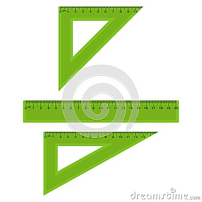 Plastic measuring and triangle rulers in centimeters and millimeter. Vector. Vector Illustration