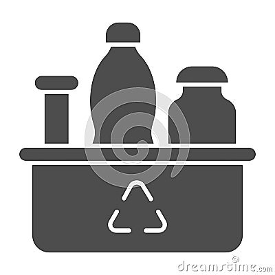 Plastic pack solid icon. Sorted recyclable bottles and flask in container. Zero waste design concept, glyph style Vector Illustration